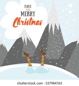 Little Santa helpers wish you a Merry Christmas. Vector illustrated greeting card. Decorative poster template with little elfs. Holiday invitation. New Years party poster design.