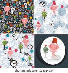 Little Santa. Three vector patterns and a card for the Christmas time.