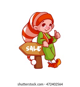 Little Santa's helper with a pointer. Vector cartoon character isolated on a white background.