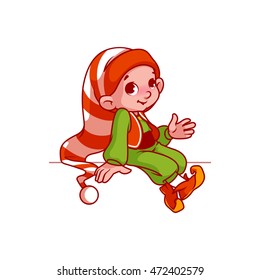 Little Santa's helper sitting on something. Vector cartoon character isolated on a white background.