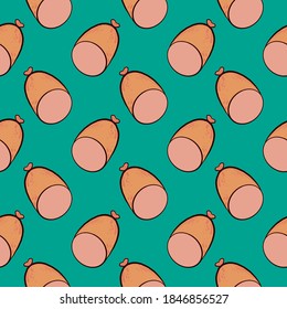 Little sausages, seamless pattern on mint green background.