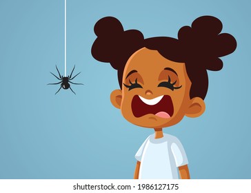 Little Scared African Girl Suffering from Arachnophobia. Child afraid of spiders screaming and shouting
