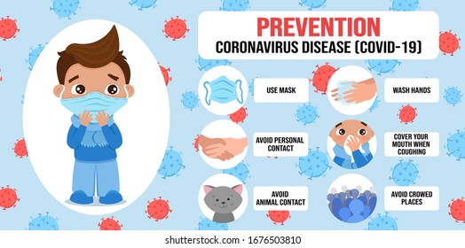 Little scared cute boy wearing medical blue mask. Infographic elements for children to prevent flu on colorful background with illustration of coronavirus cells. Vector flat cartoon illustration