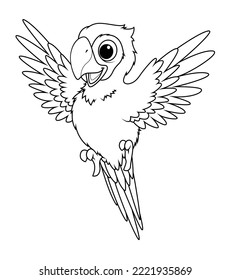 Little Scarlet Macaw Cartoon Animal Illustration BW