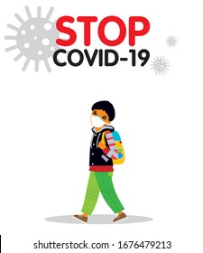 Little school asian boy walking and wearing a face protecting mask. Stop coronavirus vector illustration.