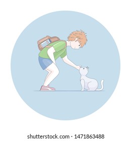 Little school boy and cat. Friendship concept vector illustration.