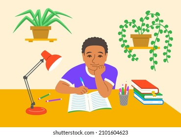 Little school boy doing his homework at the desk in his room. Young pupil writing in textbook with a pen. Smart kid preparing lessons at home. Flat vector illustration. Home education concept