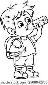 Little school boy drinking water from plastic bottle, black and white cartoon style vector illustration for coloring.