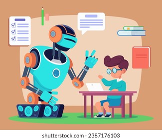 Niño de escuela pequeña con gafas y robot androide ilustración vectorial. Libros, laptop, papelería. Robot ayudando a niños con estudios. Inteligencia artificial, asistencia, concepto de tecnología moderna