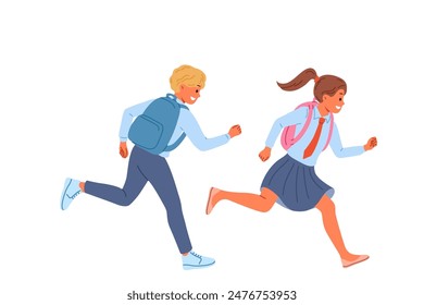 Little school children with backpacks run away from classes, not wanting to study and receive education. Happy kids laugh and rush to school to be on time for start of lessons on first of september