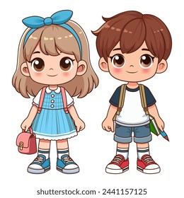 Little school children stand holding books with backpacks. The cartoon characters.cartoon cute boy and girl. Vector illustration. Isolated on a white background