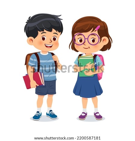 Little school children stand holding books with backpacks. Cartoon characters. Vector illustration. Isolated on white background