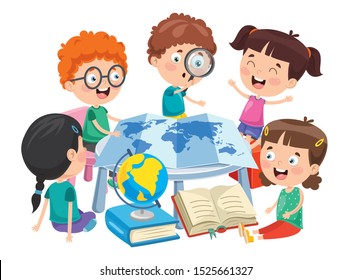 Little School Children Studying Geography