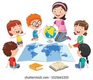 Little School Children Studying Geography