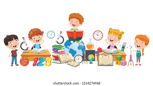 Little School Children Studying And Learning