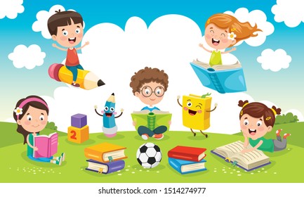Little School Children Studying And Learning