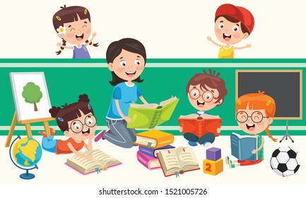 Little School Children Studying And Learning
