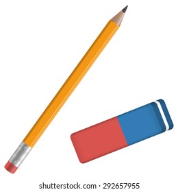 little school equipment with orange Pencil and red and blue eraser