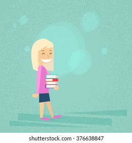 Little School Girl Carry Stack Of Books Flat Vector Illustration