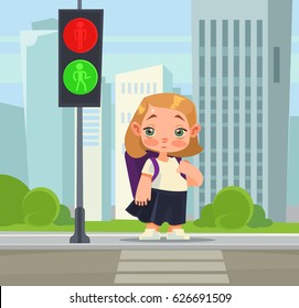 Little school girl crossing pedestrian abiding rules. Vector flat cartoon illustration