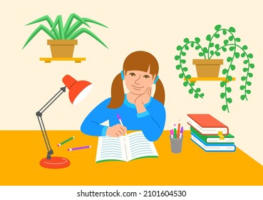 Niñita haciendo su tarea en el escritorio de su habitación. Joven escribiendo en un libro de texto con un bolígrafo. Niño inteligente preparando clases en casa. Ilustración vectorial plana. Concepto de educación en el hogar