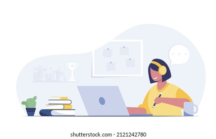 Little school girl doing homework with a computer or laptop. online education concept.