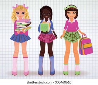 Little School girl friends, vector illustration