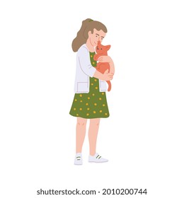 Little school girl in green dress hugging lovely cat. Kid nice behavior taking care of animals, flat cartoon vector illustration isolated white background