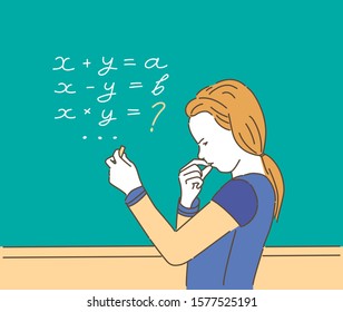 Little school girl thinking about mathematics problem. Portrait of concentrated student write at class blackboard at lesson. Young people and education. Vector illustration. Line art style