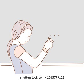 Little school girl thinking about mathematics problem. Portrait of concentrated student write at class blackboard at lesson. Young people and education. Vector illustration. Line art style
