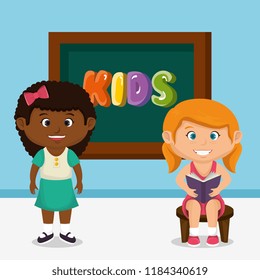 little school girls with chalkboard