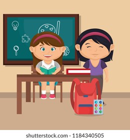 little school girls with education supplies