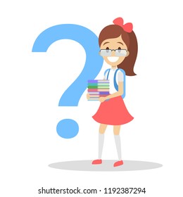 Little school kid in glasses holding books. Girl standing at the big question mark. Isolated flat vector illustration