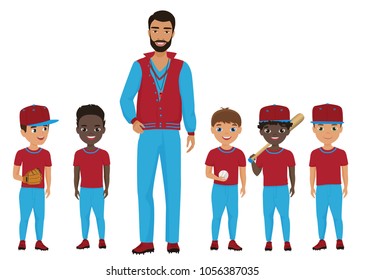 Little School Kids Baseball Team With A Coach. Vector Illustration.