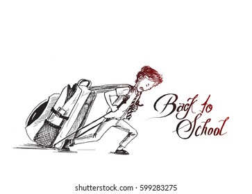 Little School student pull their heavy bag with text of back to school, vector illustration.
