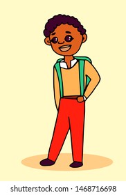 Little schoolboy. African American , school uniform. Cartoon illustration.