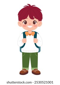 Little schoolboy with backpack isolated on white background. Flat vector illustration. Education theme