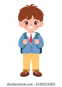 Pequeño colegial con mochila aislada sobre fondo blanco. Ilustración vectorial plana. Tema de Educación