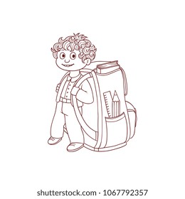 Little schoolboy with big backpack and school supplies stands in uniform smiling and joyful isolated on white background - hand drawn black and white back to school concept. Vector illustration.