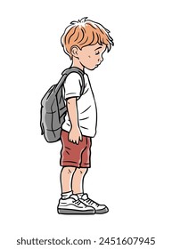 Little schoolboy boy with a backpack. Tired, sad and guilty. Cartoon vector illustration isolated on white background. Hand drawn line