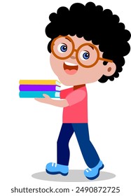 A little schoolboy boy walks with books in his hands at full height and smiles and carries books for reading and learning Vector