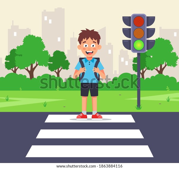 Little Schoolboy Crosses Road Green Light Stock Vector (Royalty Free ...