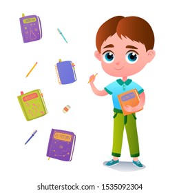 Little schoolboy with geometry cover book. Cute hand drawn boy children character with textbook element for print, textile, postcard, stickers, site design. Vector illustration.