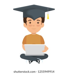 little schoolboy with graduation hat and laptop