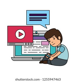 little schoolboy with laptop computer