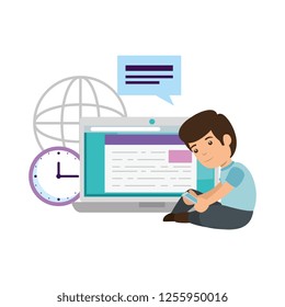 little schoolboy with laptop computer