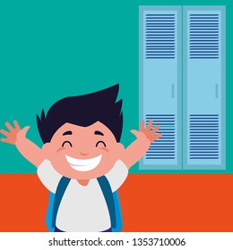 little schoolboy with schoolbag in school corridor