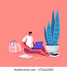 Little Schoolboy Sitting on Floor with Laptop Watching Online Webinar. Boy Read Lesson. Child Character on Domestic Education at Home, Homeschooling Distant School Concept. Cartoon Vector Illustration