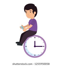 little schoolboy with smartphone and clock