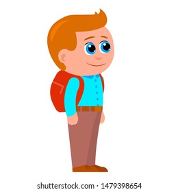 A little schoolboy is standing with a red briefcase behind him. In a blue shirt and brown trousers. There is a smile on his face. Vector illustration with isolated background.